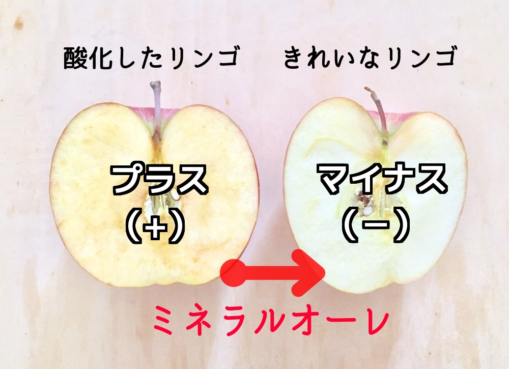 エレクト―レの独自成分「ミネラルオーレ」によって酸化して変色したリンゴがキレイになる